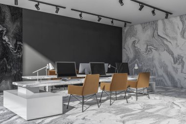 Ofis içi gri ve beyaz tasarım, mermer malzemeler, deri koltuklu iki ofis masası, tavan ışıkları ve fayanslı zemin. Modern iş yeri kavramı. 3d oluşturma
