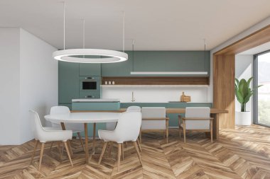 Yemek masasının üzerinde yuvarlak avize, doğrusal ışık, iki koltuk ve parke zeminli kahvaltı barı olan yeşil ve beyaz mutfak. Modern tasarım kavramı. 3d oluşturma