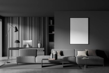 Gri ofis içi kanepe, masa ve bilgisayar ve lambayla dolu. Gri beton döşemeli, halılı bir raf. Tablo çerçevesini, 3 boyutlu görüntülemeyi düzenle