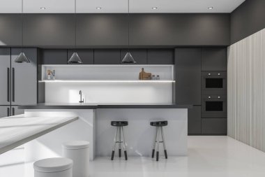 İki bar sandalyeli siyah-beyaz yemek masası ve betonun üstünde yemek masası. Minimalist tasarımı olan mutfak seti, fırın ve lavabo, mutfak malzemeleri. 3B görüntüleme