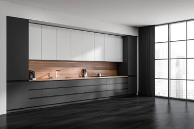 Karanlık mutfak odası içinde dolap, panoramik pencere Singapur şehir manzaralı, meşe ağacı ahşap zemin, lavabo, elektrikli ocak ve kahve makinesi. Çağdaş minimalist tasarım. 3d oluşturma