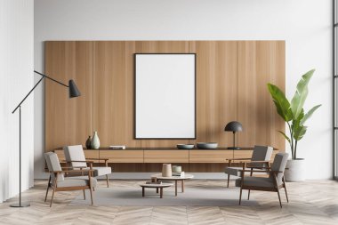 Dört koltuklu ve çiçekli iç okuma odası, kitaplar ve dekorasyonlu ahşap klozet, parke zemin ve halı. Boş tuval duvarda, 3 boyutlu görüntüleme