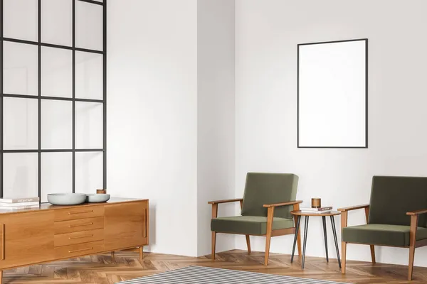 Eckansicht Des Wohnzimmers Mit Leerer Leinwand Zwei Grünen Sesseln Couchtisch — Stockfoto