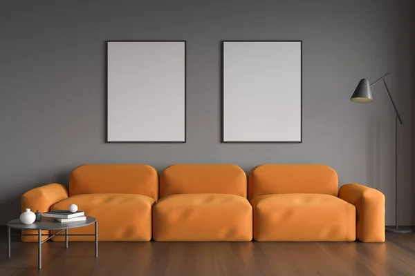 Dos Lienzos Sobre Sofá Naranja Junto Pared Gris Lámpara Mesa — Foto de Stock