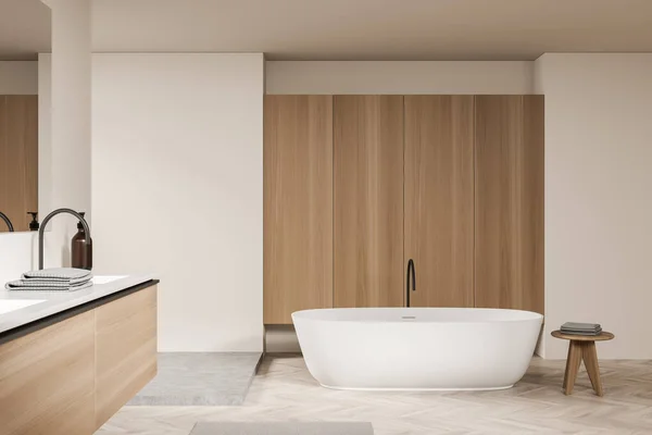 Cuarto Baño Interior Madera Con Bañera Mesa Con Toallas Suelo — Foto de Stock