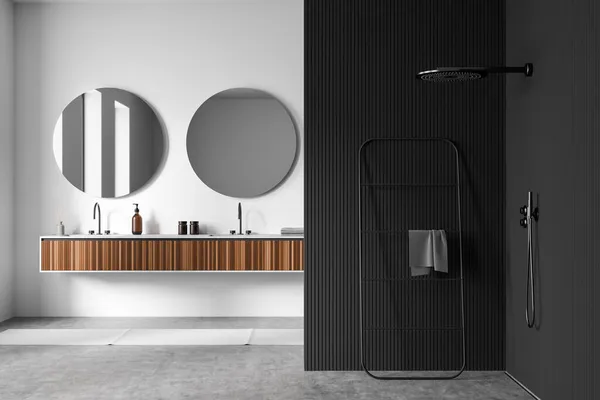 Stylish Bathroom Interior Black Corner Douche Two Sinks Mirrors White — Stok fotoğraf