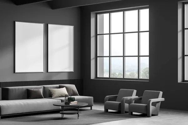 Dark Living Room Interior Two Empty White Posters Armchairs Sofa — Stock Photo, Image