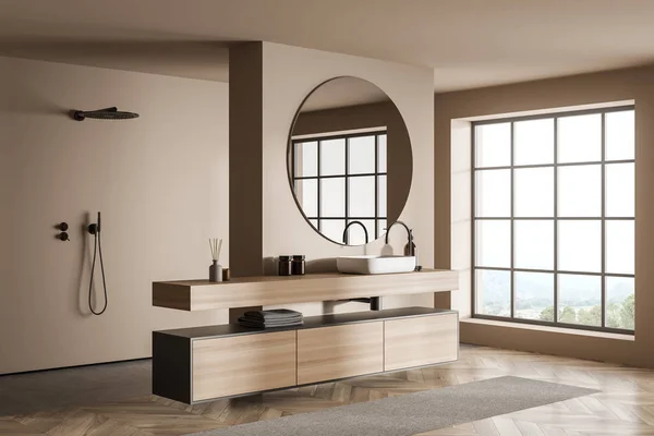 Beige Bathroom Interior Sink Mirror Wooden Drawer Accessories Panoramic Countryside — ストック写真