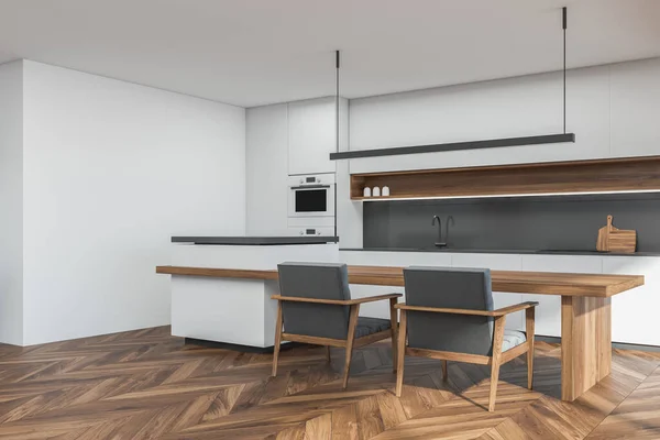 Uitzicht Hoek Van Grijze Witte Keuken Interieur Met Lineair Licht — Stockfoto