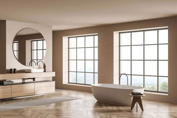 Baño Interior Beige Lavabo Con Espejo Redondo Estante Con Accesorios —  Fotos de Stock