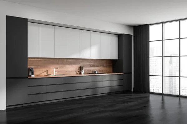 Interior Sala Cozinha Escura Com Armário Janela Panorâmica Com Vista — Fotografia de Stock