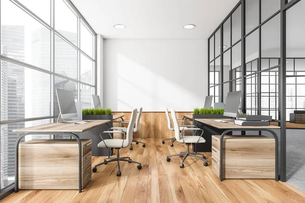 White Corporate Area Four Office Desks Wood Flooring Empty White — Stock Photo, Image