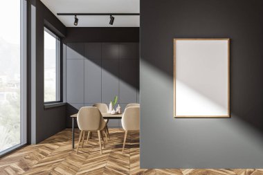 Ahşap yemek odası içinde masa ve parke zemininde sandalyeler. Kırsal pencereli mobilyaları olan yemek odası. Boşluk çerçevesini siyah duvara kopyala, 3B oluşturma