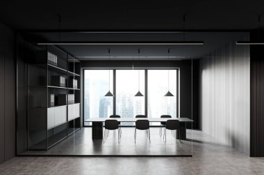 Karanlık toplantı odasının içi koltuklarla dolu ve raflar iş belgeleriyle dolu gri beton zemin üzerinde masa, cam kapılar. Singapur 'da şehir manzaralı panoramik pencere. 3B görüntüleme