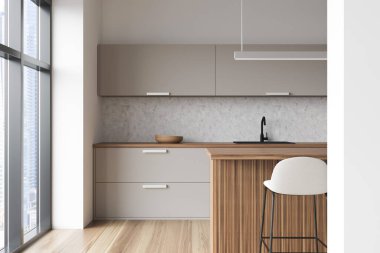 Bar koltuğu ve ahşap masa, şehir manzaralı pencere, lavabo ve mutfak gereçleri, ön manzara. Minimalist mobilyalı lüks mutfak, 3 boyutlu görüntüleme