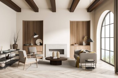 Bej oturma odası, iki küçük büfe, ahşap malzemeler, tavan kirişleri, kemer penceresi, modern şömine ve koltuklu kanepe. Moda tasarımı konseptiyle Skandi iç mimarisi. 3d oluşturma