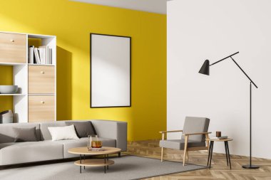 Kütüphanenin içinde koltuklar ve lamba, beyaz ahşap raf ve halıda süslemeli kahve masası, parke zemin. Boş, sarı duvardaki tuval gibi, 3 boyutlu.