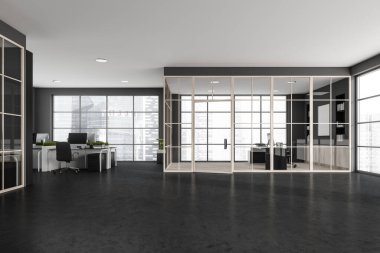 Boş, gri, panoramik manzaralı, beton zemin, çerçeveli cam duvarlar ve açık uzay ofisleri olan bir salon. Modern iç tasarım kavramı. 3d oluşturma