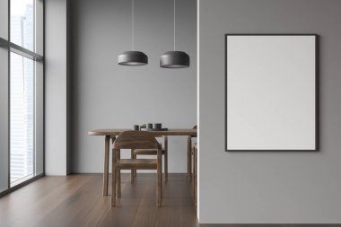 Açık gri yemek odası, içinde masa ve parke zemininde sandalyeler. Şehir manzaralı pencerenin yanındaki mobilyalı yemek odası. Boşluk çerçevesini kopyala, 3B oluşturma