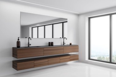Panoramik pencereli beyaz banyo alanı, modern ahşap raf kibri, ayna ve iki lavabo. Evin iç tasarımı kavramı. Köşe manzarası. 3d oluşturma