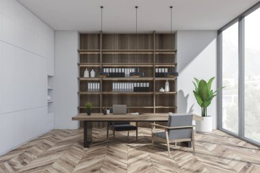 Niş rafları, masası, ziyaretçi koltuğu, kolye lambaları, beyaz duvarlar, panoramik pencere ve parke zemin. Modern iş yeri kavramı. 3d oluşturma