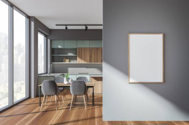 Minimalist yemek odası içi gri koltuklar, yeşil mutfak seti ve masa, parke zemin, şehir manzaralı pencere. Boşluk çerçeve menüsünü kopyala, 3B görüntüleme