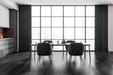 Dört koltuk ve masa, Singapur şehir manzaralı panoramik pencere, meşe ağacından döşeme, elektrikli fırın. Çağdaş minimalist tasarım. 3d oluşturma