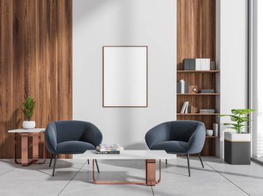 Misafir odasının içinde iki mavi sandalye ve kitaplarla dolu bir masa dekorasyonlu raflar ve pencerenin yanındaki saksıda seramik döşeme. Boşluk çerçevesini beyaz duvara kopyala, 3B oluşturma