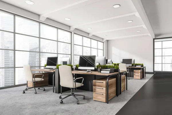 Open Space Office Workplaces Arranged Pairs White Walls Lights Panoramic — Stock Photo, Image