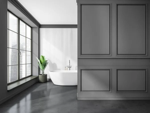 Oval bath, white wood look material and wall moulding in grey bathroom space with empty corridor interior, window with cityscape view and concrete floor. Concept of modern design. 3d rendering