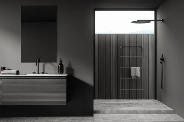 Dark Bathing Room Interior Sink Accessories Wooden Deck Shower Concrete — Stock Photo, Image