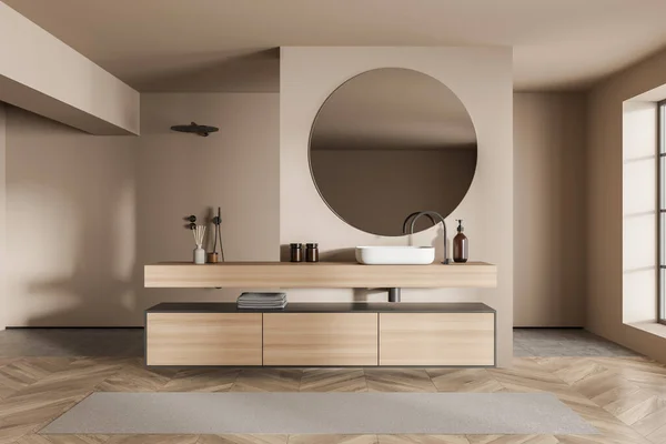 Shelf vanity area with round mirror on wall partition, beige design and parquet style floor. Open shower room on background. Concept of modern interior design. 3d rendering