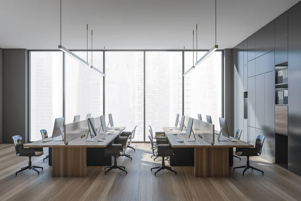 Modernes Panorama Büro Mit Linearer Beleuchtung Innenarchitektur Mit Arbeitsplätzen Minimalistischem — Stockfoto