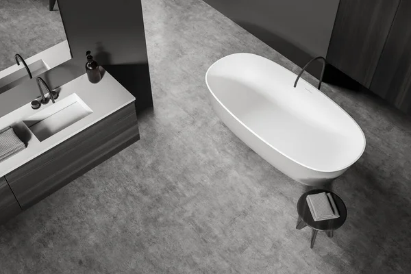 Top View Grey Bathing Room Interior Bathtub Black Table Towels — Stock Photo, Image
