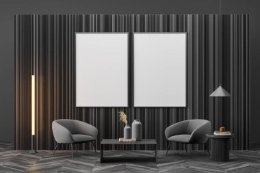 Galeri odası. Koltukları ve lambası var. Süslü kahve masası. Mobilyalı sanat odası, siyah parke zemin. Tahta duvarda iki boş çerçeve, üç boyutlu.