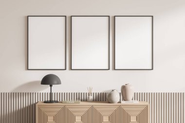 Parlak oturma odasının içinde üç boş beyaz postane, büfe. Minimalist tasarım kavramı. Buluşma için rahat bir yer. Model yap. 3d oluşturma