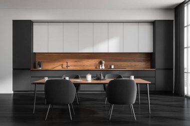 Dört koltuk ve masa, şehir manzaralı panoramik pencere, meşe ağacı ahşap zemin, elektrikli fırın ve kahve makinesi olan karanlık mutfak odası. Çağdaş minimalist tasarım. 3d oluşturma