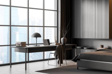 Modern yatak odasındaki gri çalışma alanı ofis masası, sandalye, panoramik pencere şehir manzarası, ahşap malzemeler ve beton zemin. Köşe manzarası. Minimalist tasarım konsepti. 3d oluşturma