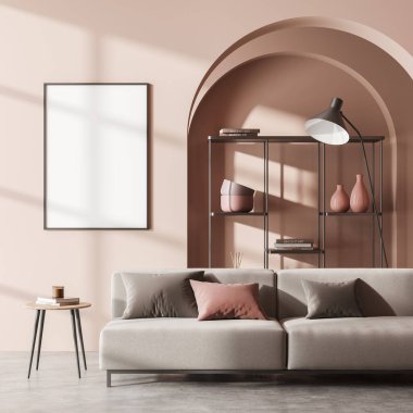 İçi gri kanepe ve kahve sehpası, gri beton zemin, dekoratif minimalist raf. Pembe duvardaki boş tuval kopyalama alanı, 3 boyutlu görüntüleme