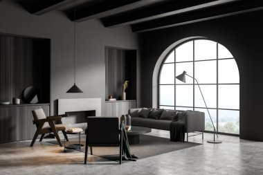 Çağdaş gri oturma odasının köşesinde iki delik, beton zemin, tavan kirişleri, kemer penceresi, şömine ve koltuklu kanepe. Moda tasarımı konseptiyle Skandi iç mimarisi. 3d oluşturma