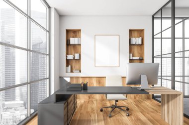 Beyaz ofis duvarında iki ahşap çıkıntılı tuval, bodrum katı, parke zemin, kişisel masa, panoramik manzara ve çerçeve cam duvar. Modern iç tasarım kavramı. Modelleme. 3d oluşturma