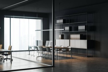 Buluşma masası, doğrusal ışık, beton zemin ve rafla kaplı koyu gri koridor manzarası. Modern ofis tasarımı kavramı. 3d oluşturma