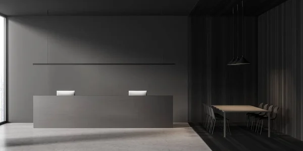 黑暗接待室内部灰色混凝土地板 等待空间与座位和桌子在木制地板上 接待处入口 设有办公室及客房角落 3D渲染 — 图库照片