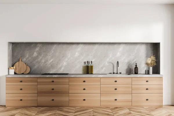 シンク付きの白い木製の調理室 台所用品付きのデッキ フロントビュー 寄木細工の床に装飾が施された豪華なキッチン 3Dレンダリング — ストック写真