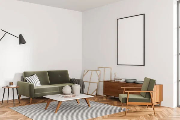 白色客厅 有深绿色家具 木制内饰 浅灰色地毯 靠墙的框架 木地板和帆布模型 角落的观点 现代设计理念 3D渲染 — 图库照片