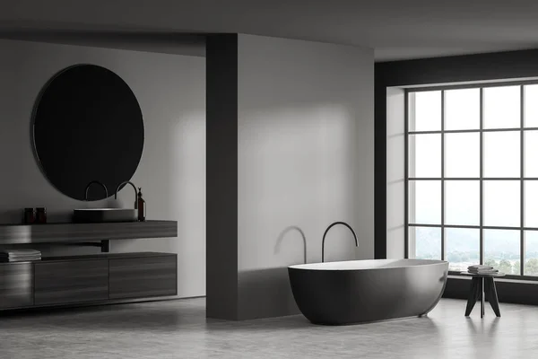 Modern Grey Bathroom Interior Lanscape View Minimalist Design Using Stool — Stock Photo, Image