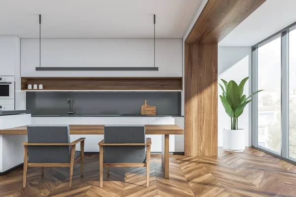 Interior Minimalista Cozinha Cinza Branca Com Luz Linear Sobre Mesa — Fotografia de Stock
