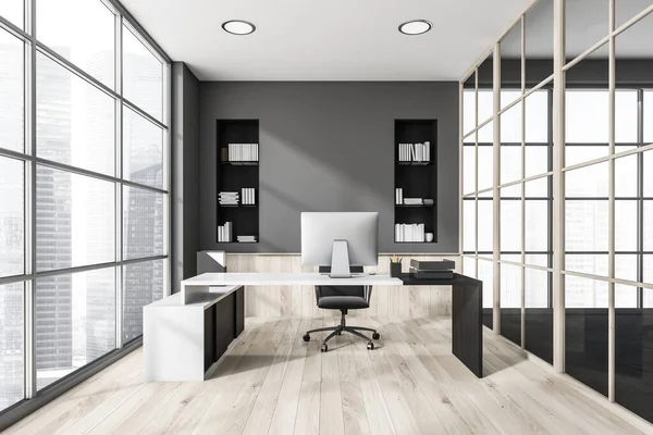 Grey White Office Two Niches Light Wood Floor Personal Workstation — Stock Photo, Image