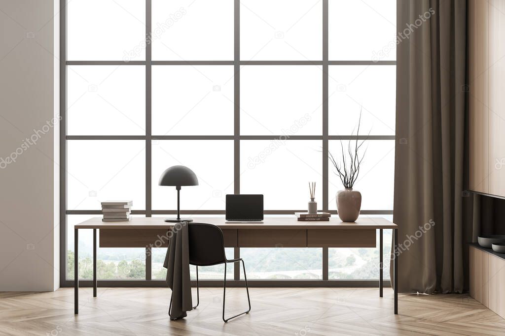 Home office desk with minimalist chair next to panoramic view, beige curtain and parquet floor in country house. Concept of modern interior design. 3d rendering