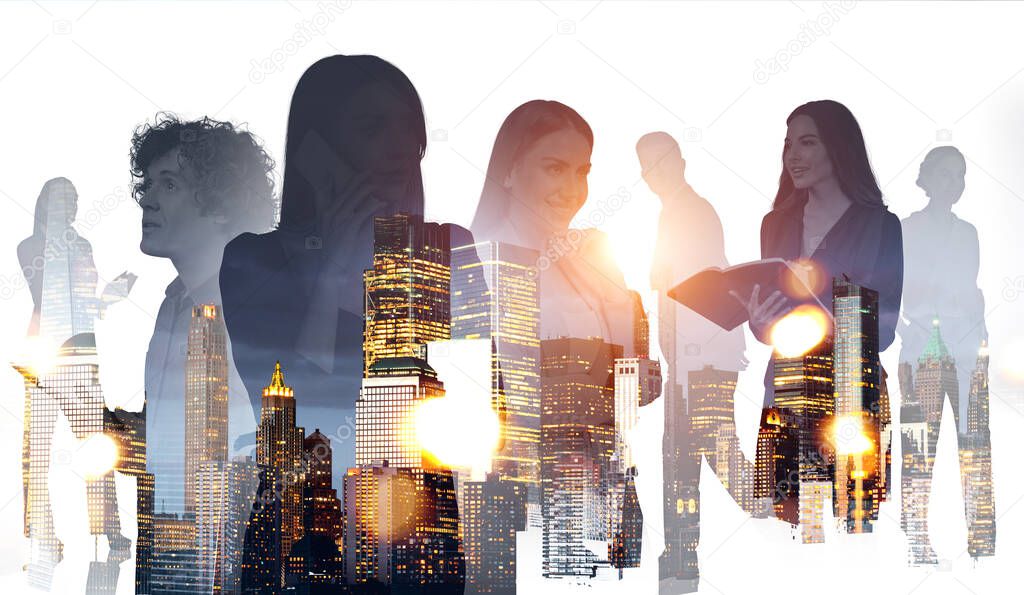 Silhouettes of diverse business people talking and working, double exposure of city skyscrapers at night, toned image. Concept of international communication and colleagues
